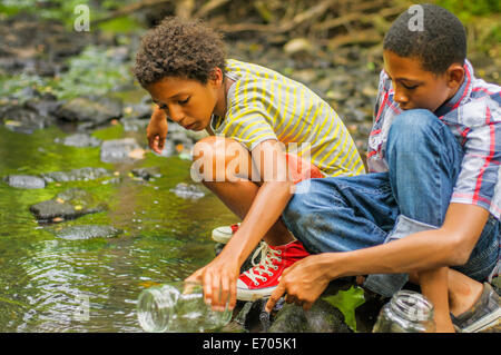 Jungs fangen Fische mit Glas Stockfoto