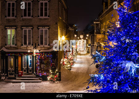 Weihnachtszeit auf der Rue du Petit Champlain, Unterstadt, Quebec City, Kanada Stockfoto