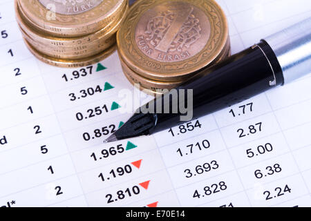 Börse-Grafiken und Diagramme mit Münzen und Füllfederhalter. Stockfoto