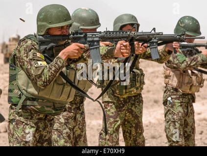 Afghan National Army Soldaten mit der 4. Kandak, 2. Mobile Strike Force Brigade Feuer M4 Karabiner Gewehre während des Trainings unter der Leitung von slowakischen Soldaten 21. August 2014 in der Provinz Kandahar, Afghanistan. Stockfoto