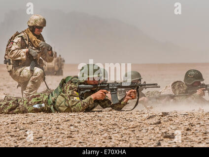 Eine slowakische Armee Lehrer lehrt Afghan National Army Soldaten mit der 4. Kandak, 2. Mobile Strike Force Brigade M4 Karabiner Gewehre feuern während des Trainings 21. August 2014 in der Provinz Kandahar, Afghanistan. Stockfoto