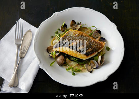 Teller mit Fisch und Muscheln mit Kräutern Stockfoto