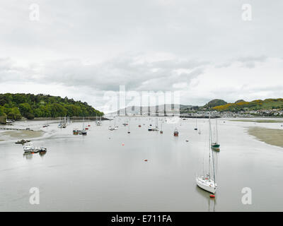 Yachten in Caernarfon Hafen, Menai Strait Gwynned, Wales Stockfoto