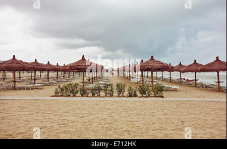 Reihen von Sonnenschirmen und Liegestühlen am Strand, Pescara, Abruzzo, Italien Stockfoto
