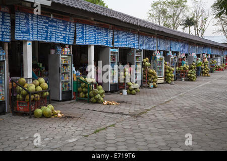 Yogyakarta, Java, Indonesien.  Prambanan.  Festwirtschaften mit frischen Kokosnüssen Line Ausgang aus dem Tempelgelände. Stockfoto