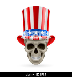 Menschlicher Schädel Uncle Sam Hut auf weißem Hintergrund. Stockfoto