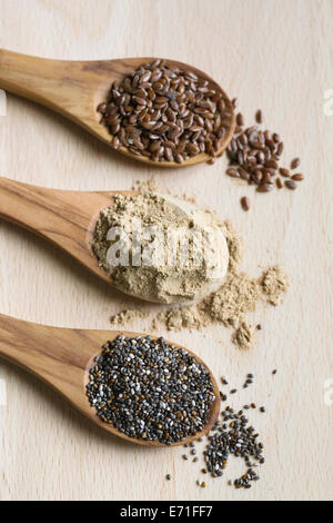 Chia-Samen, Maca Pulver und Leinsamen auf Holzlöffel. Stockfoto