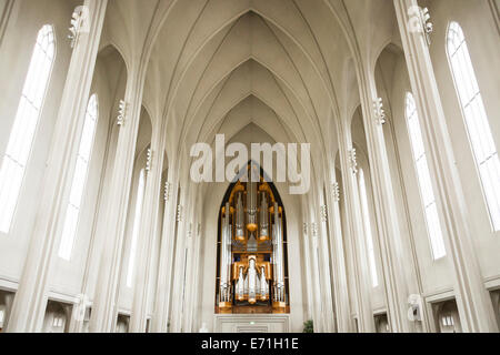 Innenraum der Kirche Hallgrimskirkja, einschließlich der großen Orgel, Reykjavik, Island Stockfoto