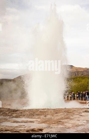 Strokkur Geysir ausbrechen im Bereich Geysir heißen Quellen geothermische Gebiet Haukadalur, Südwest Island Stockfoto