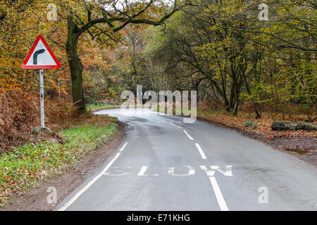 leeren Straße in Epping Forest im Herbst mit einem Schild biegen Sie rechts ab und langsam auf der Straße geschrieben Stockfoto