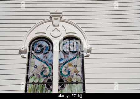 USA, Michigan, Mackinac Island, Main Street (aka Huron). Historischen Sainte Anne Church, gegründet im Jahre 1670. Detail der Fassade. Stockfoto