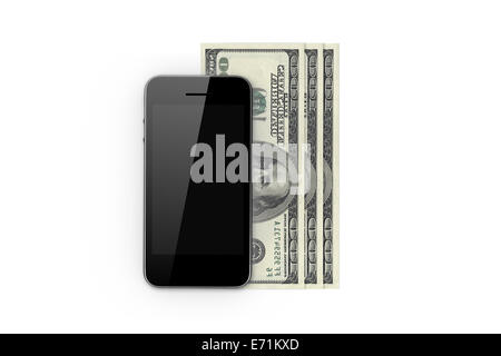 Kaufen Sie, Konzept, Smartphone mit leeren Bildschirm und hundert-Dollar-Banknoten, isoliert auf weißem Hintergrund. Stockfoto