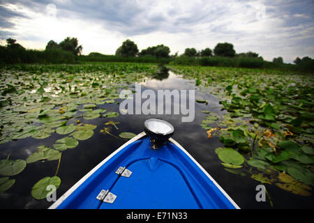 Farbfoto eines Bootes am Ufer eines Flusses. Stockfoto