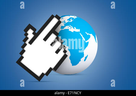 Computer Maus Hand-Cursor-Symbol zeigt Karte Erdkugel auf blauem Hintergrund. Stockfoto
