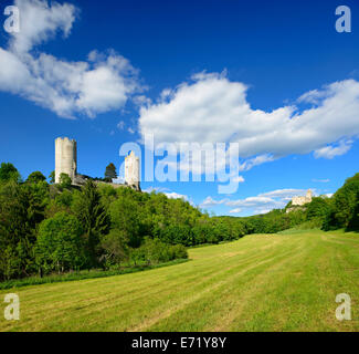 Ruinen der Burg Rudelsburg und Burg Saaleck Castle, in der Nähe von Bad Kösen, Sachsen-Anhalt, Deutschland Stockfoto