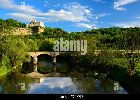 Burgruine Rudelsburg auf der Saale in der Nähe von Bad Kösen, Sachsen-Anhalt, Deutschland Stockfoto