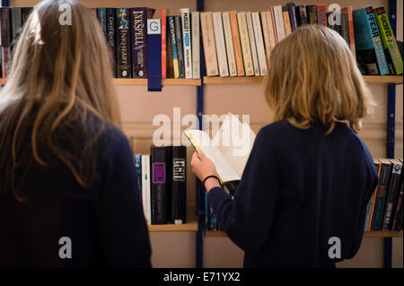 Sekundarstufe II Wales UK - zwei Mädchen lesen in einer Schulbibliothek Stockfoto