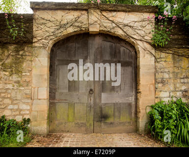 Riesige alte verwitterte Holz Doppeltüren in hohen Steinmauer der historischen Gebäude, umgeben von Pflanzen und Laub in Oxford, England Stockfoto