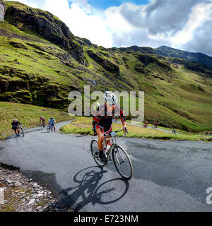 Ein Radrennfahrer Klettern der steilen Rampe der Hardknott Pass im englischen Lake District Stockfoto