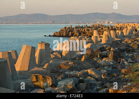 Wellenbrecher mit Betonblöcken am Victoria & Alfred Waterfront, Cape Town Stockfoto