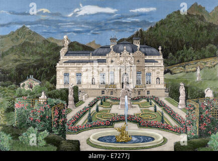 Ludwig II von Bayern (1845-1886). König von Bayern. Schloss Linderhof. Gravur. Farbige. Stockfoto