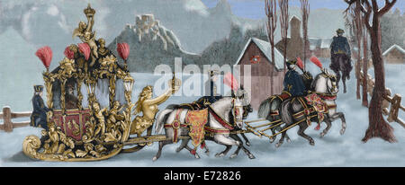 Ludwig II von Bayern (1845-1886). König von Bayern. Der König in Schlitten unterwegs. Gravur. Farbige. Stockfoto