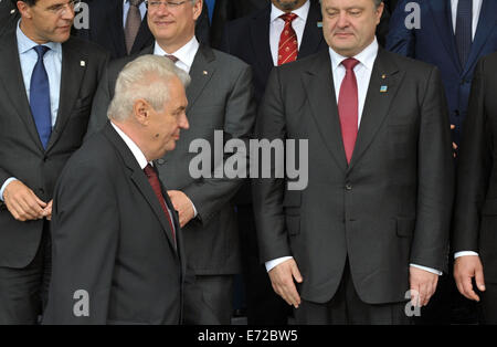 Newport, Wales, UK. 4. September 2014.  Der ukrainische Präsident Petro Poroshenko (rechts) befasst sich mit Tschechischen Republik Präsident Milos Zeman vor posieren für ein Familienfoto vor dem NATO-Gipfel im Celtic Manor Resort in Newport, Wales am Donnerstag, 4. September 2014. Führenden Politiker der Welt versammeln sich in einem Golfresort in Wales für ein High-Stakes-NATO-Gipfel. Bildnachweis: CTK/Alamy Live-Nachrichten Stockfoto