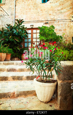 Vintage Foto des traditionellen Hauses in mediterranen Dorfes Valldemossa Mallorca, Spanien Stockfoto