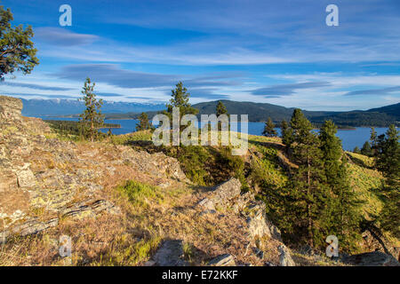 Panorama des Flathead Lake mit Arrowleaf Balsamwurzel Wildblumen auf Wild Horse Island State Park, Montana, USA. Stockfoto