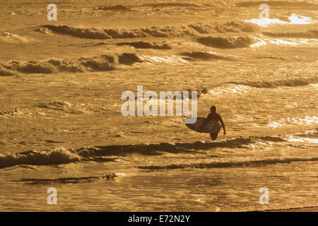 einsamer Surfer bei Sonnenuntergang Stockfoto