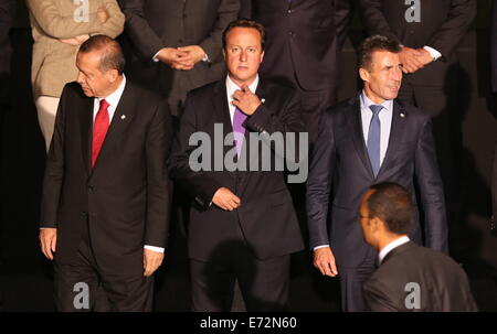 Cardiff UK. Donnerstag, 4. September 2014 im Bild L-r: der türkische Präsident Recep Tayyip Erdogan, der britische Premierminister David Cameron, die seine Krawatte anpasst und NATO-Generalsekretär Anders Fogh Rasmussen für das Familienfoto posieren.  Re: Offizielle Abendessen, Leiter der Delegationen auf Cardiff Castle im Rahmen des NATO-Gipfels, South Wales, UK. Bildnachweis: D Legakis/Alamy Live-Nachrichten Stockfoto