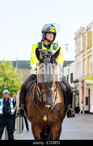 Berittener Polizist zu Pferd in Cardiff Wales, Großbritannien. Sicherheit des NATO-Gipfels. Stockfoto