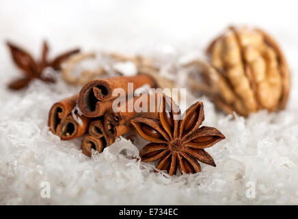 Zimtstangen, Anis Sterne und Nüssen auf Schnee Hintergrund. Stockfoto