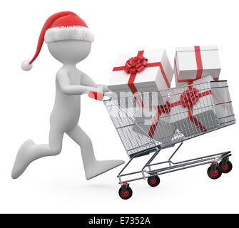 Mann mit Weihnachtsmütze schieben einen Einkaufswagen voller Geschenke. Mit einer hohen Auflösung auf einem weißen Hintergrund mit diffusen Schatten gerendert Stockfoto