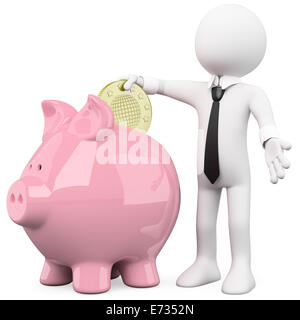 Geschäftsmann Münzeinwurf in ein rosa Sparschwein. Mit einer hohen Auflösung auf einem weißen Hintergrund mit diffusen Schatten gerendert. Stockfoto