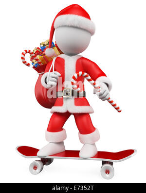 3D weiße Weihnachten Person. Santa Claus fahren Skateboard einen Sack voller Geschenke. 3D-Bild. Isolierten weißen Hintergrund. Stockfoto