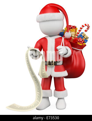 3D weiße Weihnachten Person. Santa Claus Lesen einer langen Liste von Geschenken einen Sack von Geschenken. 3D-Bild. Isolierten weißen Hintergrund. Stockfoto