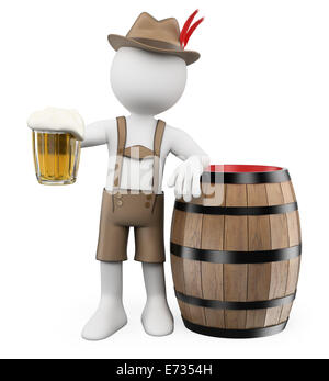 3D weiße Leute. Oktoberfest. Mann mit einem Bierfass und ein Becher. Isolierten weißen Hintergrund. Stockfoto