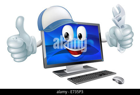 Ein Cartoon-Computer-Reparatur-Maskottchen mit einer Kappe und Spanner tun einen Daumen nach oben Stockfoto