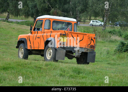 Land Rover Defender 90 in Tiger Farbe in der Tiger-Gehege in Woburn Safari park Stockfoto