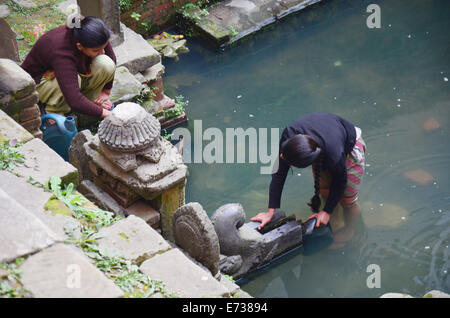 Nepalesische Frauen füllen Sie Wasser in Tank für den Einsatz und trinken am heiligen Teich am 2. November 2013 in Patan Nepal Stockfoto