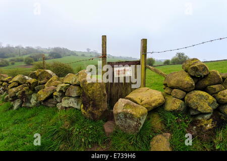 Wanderweg Tor und Trockenmauer in der Nähe von Elton an einem trüben Frühlingstag, Peak District National Park, Derbyshire, England Stockfoto