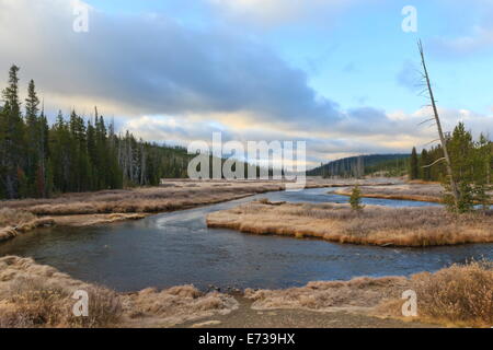 Lewis River schlängelt sich in den frühen Morgenstunden; Yellowstone National Park, UNESCO Website, Wyoming, Vereinigte Staaten von Amerika Stockfoto