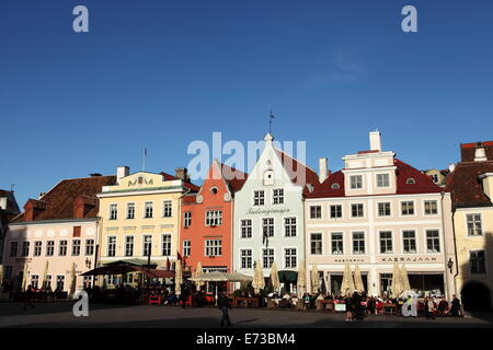 Rathausplatz, umgeben von großen, historischen Gebäuden, verwendet viele jetzt als Bars und Cafés in Tallinn, Estland, Europa Stockfoto