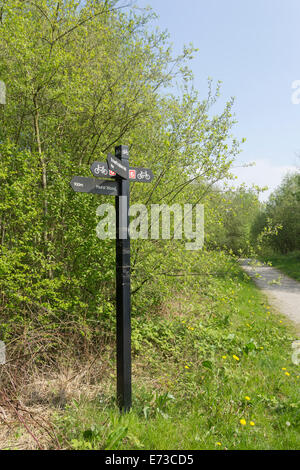 Ein Wegweiser für nationale Radweg Netzwerk 6 im Philips-Park, ein Naturschutzgebiet in Prestwich, Manchester. Stockfoto