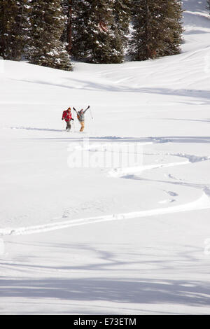 Mann und Frau Skitouren in der Nähe von Big Sky, Montnana. Stockfoto