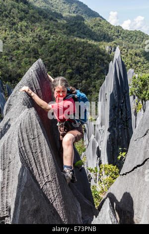 Klettern auf scharfen Felsen an den Zinnen, Karstlandschaft, Gunung Mulu Nationalpark, Sarawak, Malaysia Stockfoto