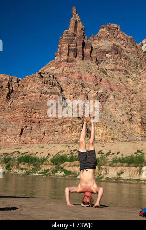 Canyonlands National Park, Utah - Flussführer Julian Springer praktiziert Yoga während einer Floßfahrt auf dem Colorado River Stockfoto