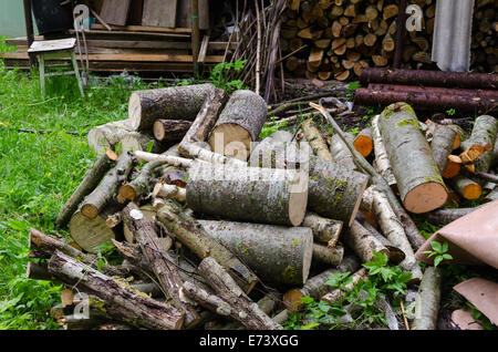 Haufen von gehackten Protokolle für kleine und große Äste im Garten woodshed Stockfoto