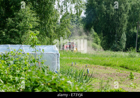 Alter kleine rote Traktor harrow den Boden an der Grove-Staub im Wind in der Nähe von homestead Stockfoto